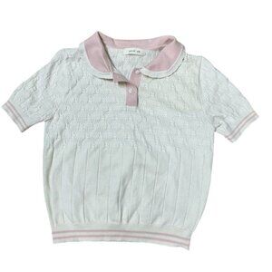Pastel Knit Polo Top with Pink Trim